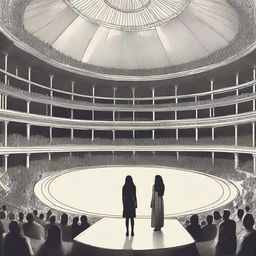 A young woman with long, wavy black hair stands in the center of a vast circular stage