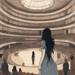 A young woman with long, wavy black hair stands in the center of a vast circular stage