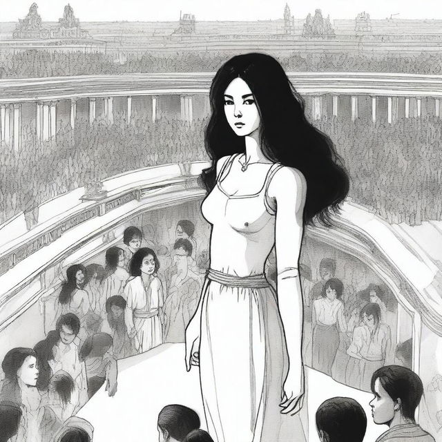 At the top of a balcony, a young man with an unhappy face stands up, observing a young woman with long, wavy black hair who is in the center of a vast circular stage below