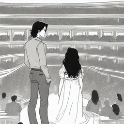 At the top of a balcony, a young man with an unhappy face stands up, observing a young woman with long, wavy black hair who is in the center of a vast circular stage below