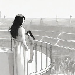 At the top of a balcony, a young man with an unhappy face stands up, observing a young woman with long, wavy black hair who is in the center of a vast circular stage below