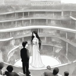 At the top of a balcony, a young man with an unhappy face stands up, observing a young woman with long, wavy black hair who is in the center of a vast circular stage below