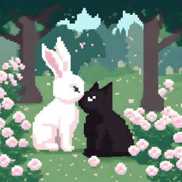 Create a pixel art image of a dark cat and a white bunny kissing in a park filled with flowers