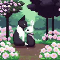 Create a pixel art image of a dark cat and a white bunny kissing in a park filled with flowers