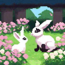 Create a pixel art image of a dark cat and a white bunny kissing in a park filled with flowers