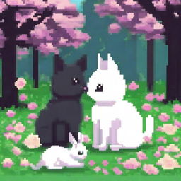 Create a pixel art image of a dark cat and a white bunny kissing in a park filled with flowers