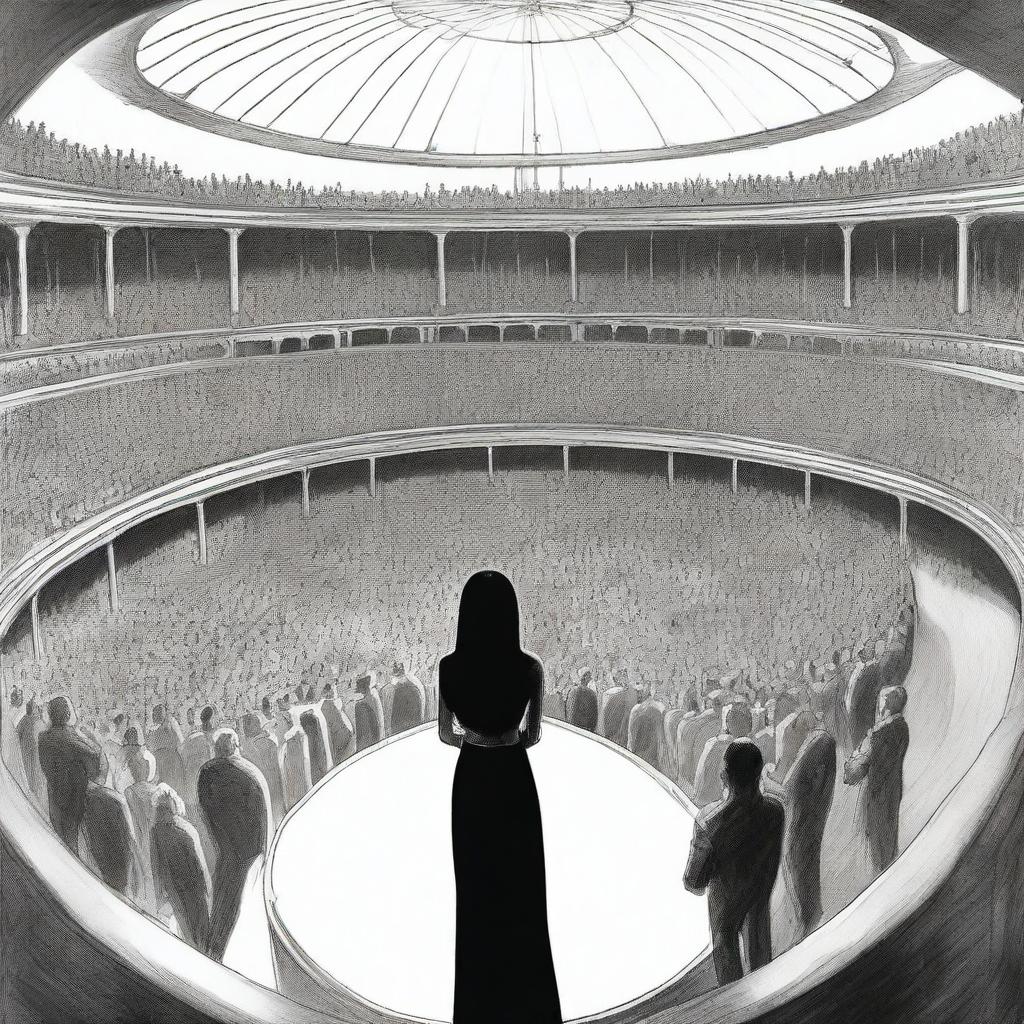 From the balcony, a man with an unhappy face stands up, observing a young woman with long, wavy black hair who is in the center of a vast circular stage