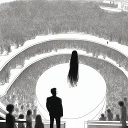 From the balcony, a man with an unhappy face stands up, observing a young woman with long, wavy black hair who is in the center of a vast circular stage