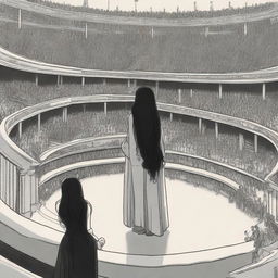 From the balcony, a man with an unhappy face stands up, observing a young woman with long, wavy black hair who is in the center of a vast circular stage