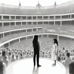 From the balcony, a man with an unhappy face stands up, observing a young woman with long, wavy black hair who is in the center of a vast circular stage