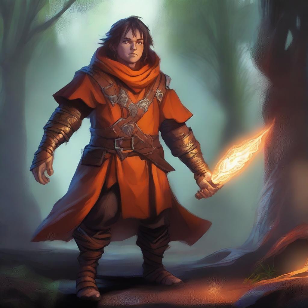 A halfling male warlock in an obscure magical environment, wielding two daggers and wearing orange leather armor