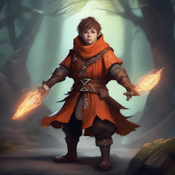 A halfling male warlock in an obscure magical environment, wielding two daggers and wearing orange leather armor