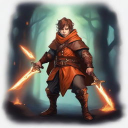 A halfling male warlock in an obscure magical environment, wielding two daggers and wearing orange leather armor