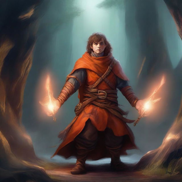 A halfling male warlock in an obscure magical environment, wielding two daggers and wearing orange leather armor