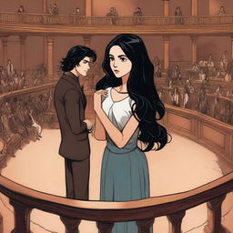 From the balcony, a man with an unhappy face stands up, observing a young woman with long, wavy black hair who is in the center of a vast circular stage