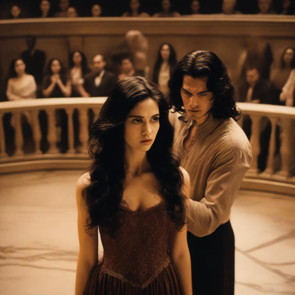 From the balcony, a man with an unhappy face stands up, observing a young woman with long, wavy black hair who is in the center of a vast circular stage