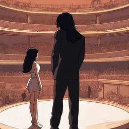 From the balcony, a man with an unhappy face stands up, observing a young woman with long, wavy black hair who is in the center of a vast circular stage