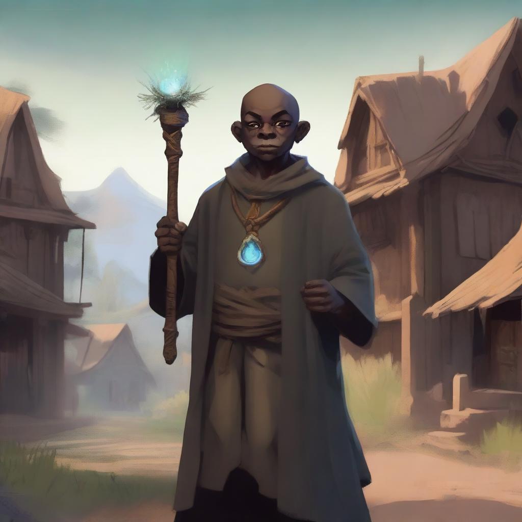 A dark-skinned, bald halfling warlock stands in a peasant community, holding a magical staff that glows with arcane energy