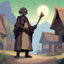 A dark-skinned, bald halfling warlock stands in a peasant community, holding a magical staff that glows with arcane energy