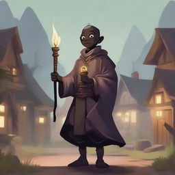 A dark-skinned, bald halfling warlock stands in a peasant community, holding a magical staff that glows with arcane energy