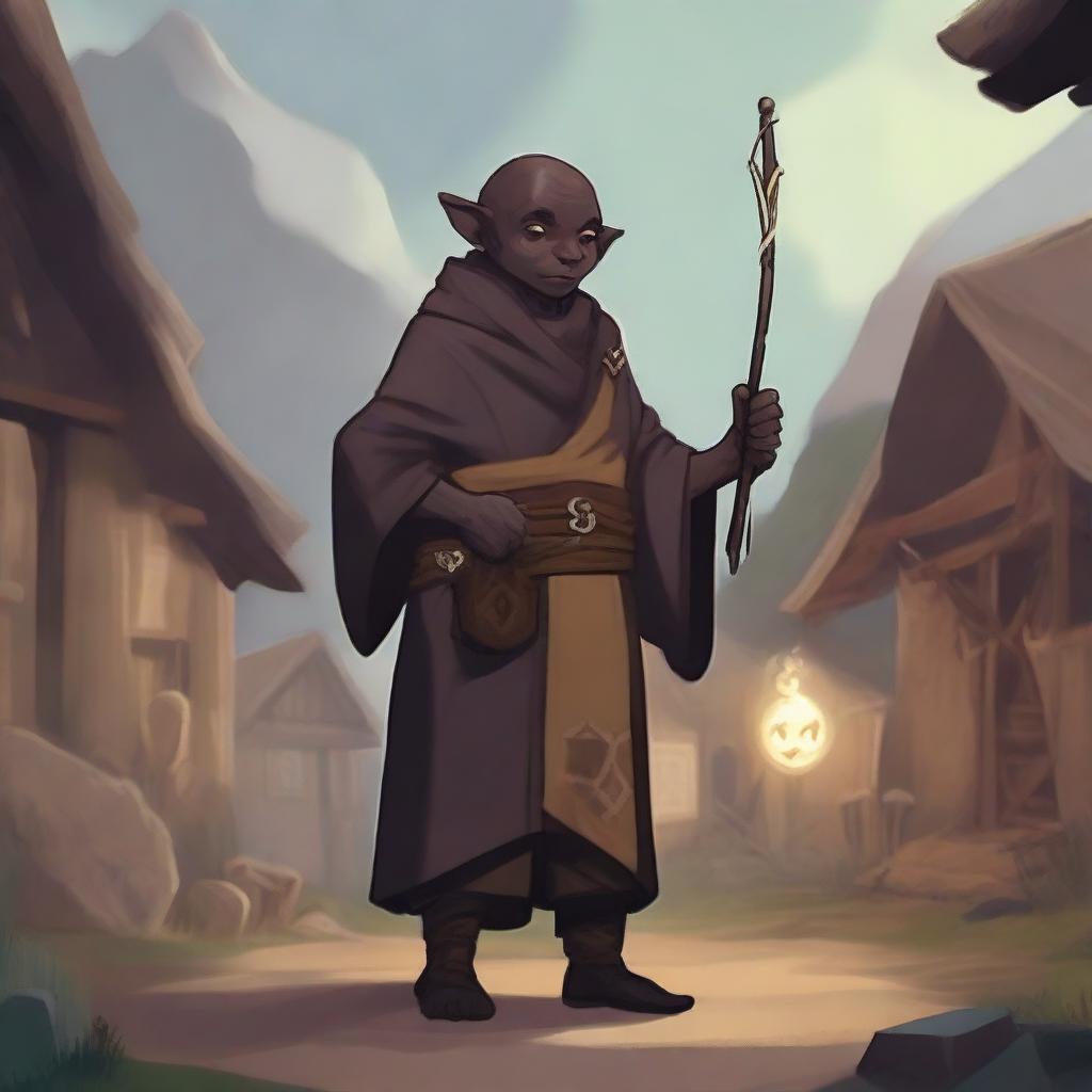 A dark-skinned, bald halfling warlock stands in a peasant community, holding a magical staff that glows with arcane energy