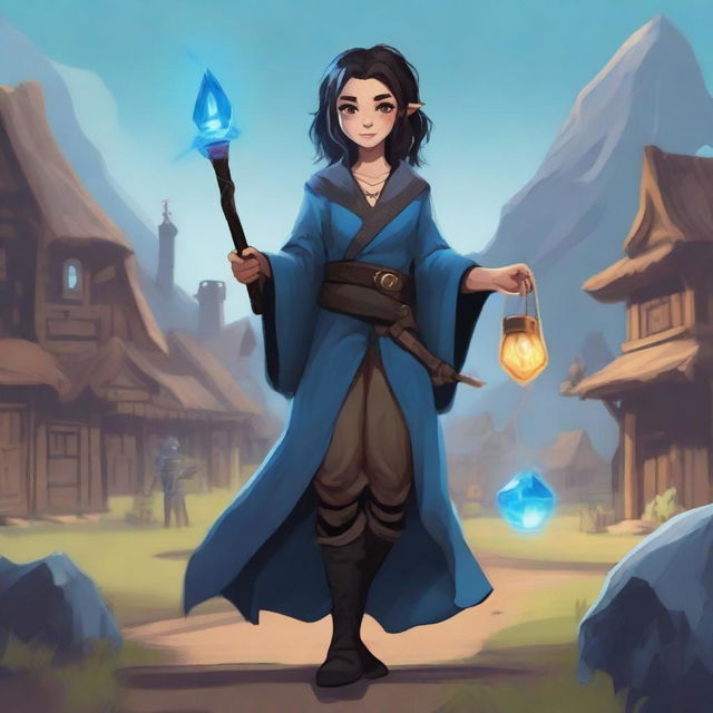 A brunette halfling warlock in a peasant settlement, holding a staff with an onyx gem, casting blue magic