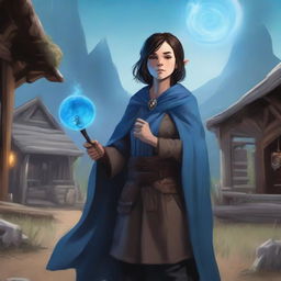 A brunette halfling warlock in a peasant settlement, holding a staff with an onyx gem, casting blue magic