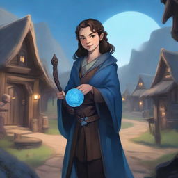 A brunette halfling warlock in a peasant settlement, holding a staff with an onyx gem, casting blue magic