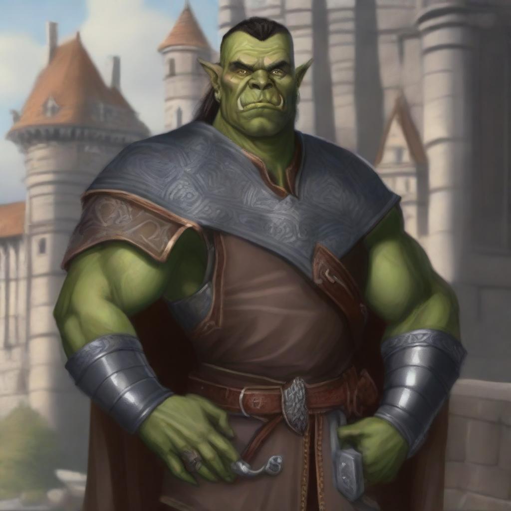 A detailed and majestic portrait of a half-orc noble, dressed in elaborate and regal attire