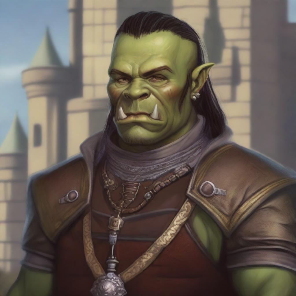 A detailed and majestic portrait of a half-orc noble, dressed in elaborate and regal attire