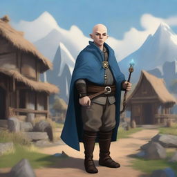 A male bald brunette halfling who is a warlock, standing in a peasant settlement