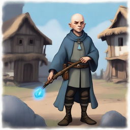 A male bald brunette halfling who is a warlock, standing in a peasant settlement