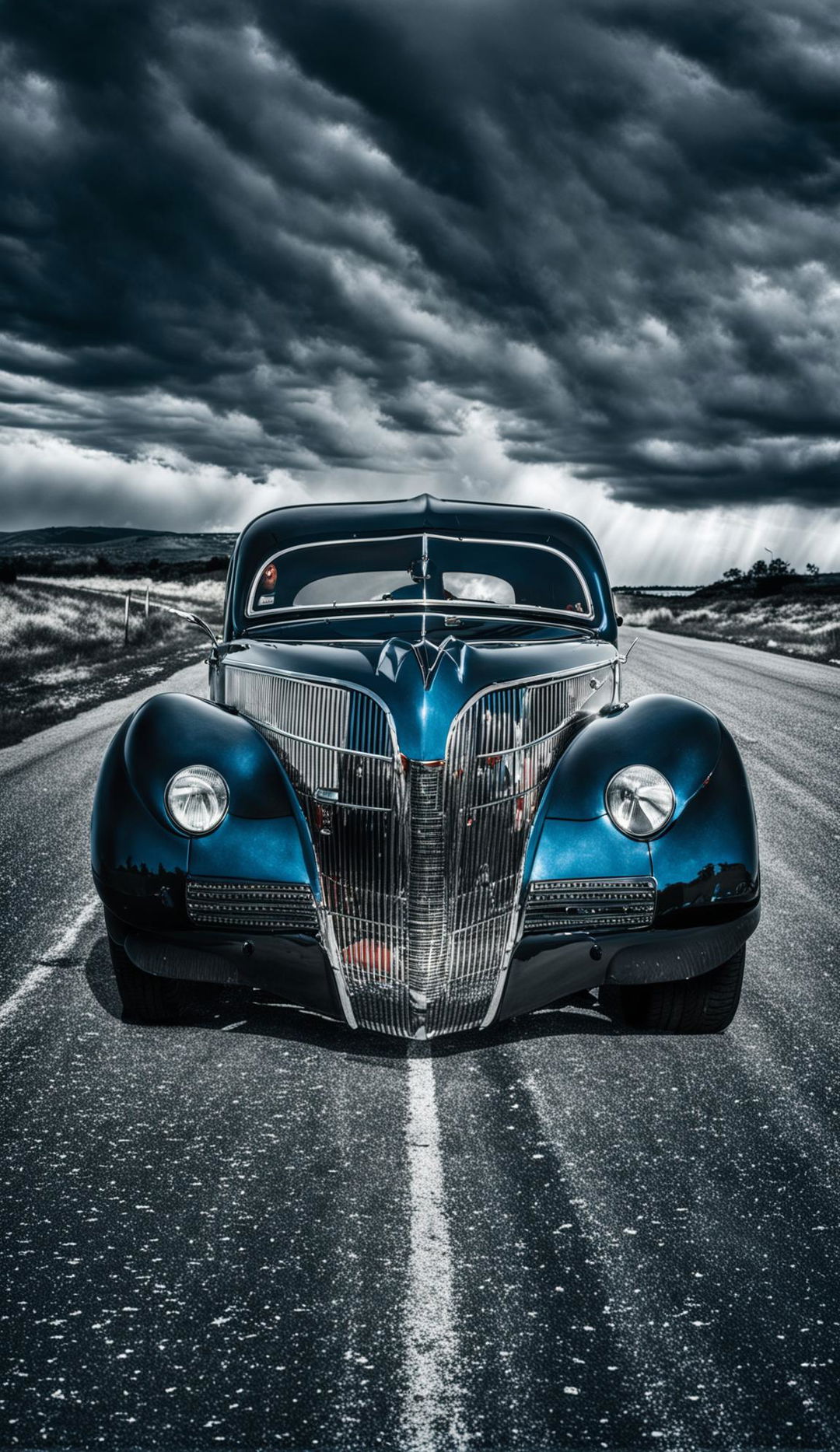 Blue 1940 Ford coupe hot rod with an image of the Grim Reaper standing behind it on an endless road.