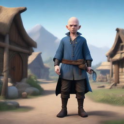 A male bald brunette halfling who is a warlock, standing in a peasant settlement