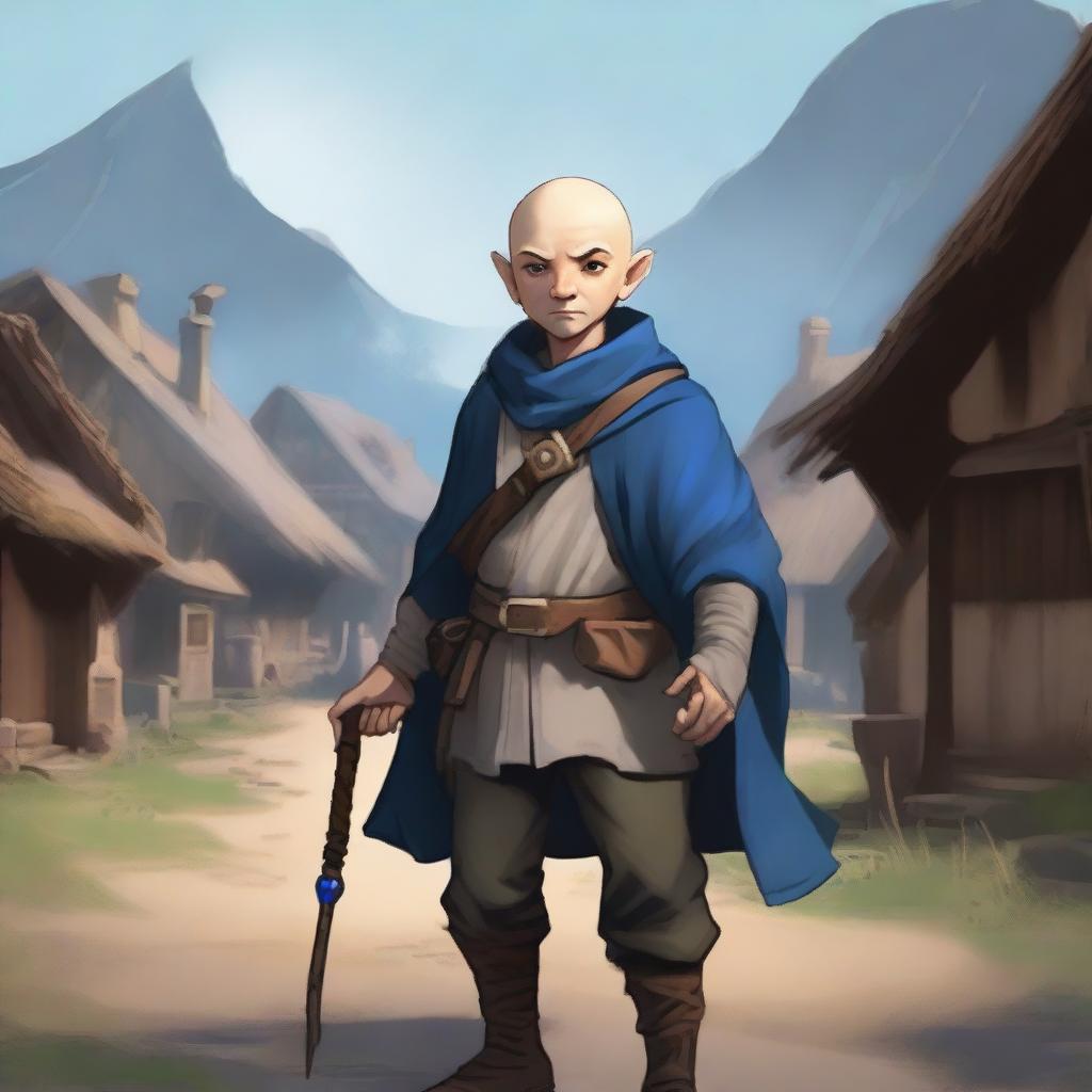 A male bald brunette halfling who is a warlock, standing in a peasant settlement