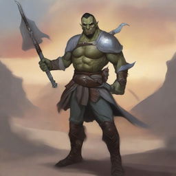 A noble Half-orc fighter stands proudly, holding a double-bladed scimitar