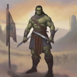 A noble Half-orc fighter stands proudly, holding a double-bladed scimitar