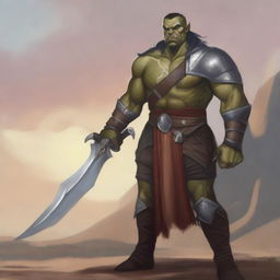 A noble Half-orc fighter stands proudly, holding a double-bladed scimitar