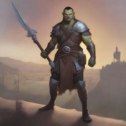 A noble Half-orc fighter stands proudly, holding a double-bladed scimitar