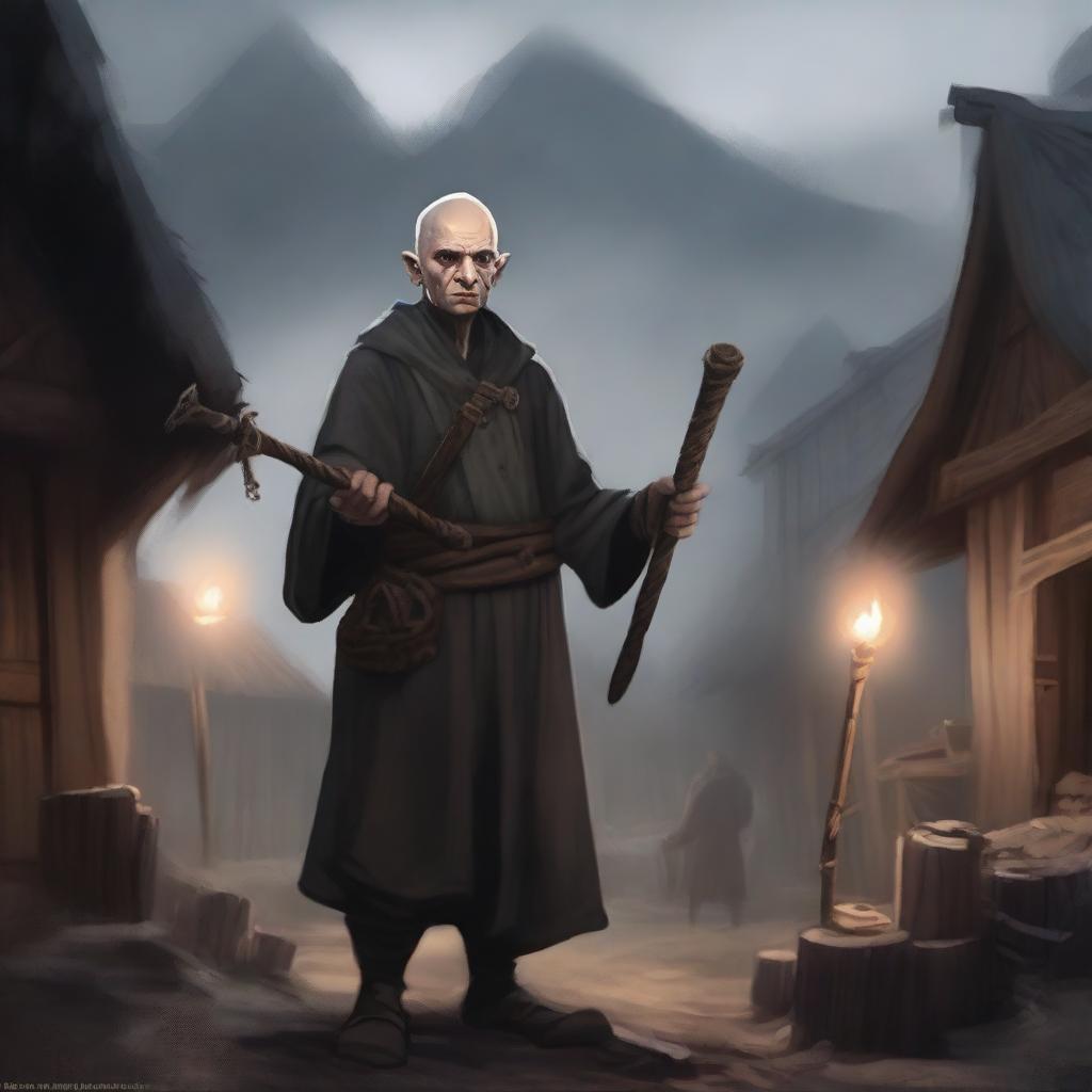 A male bald brunette halfling warlock in a peasant settlement, holding a large staff with an onyx, casting black magic