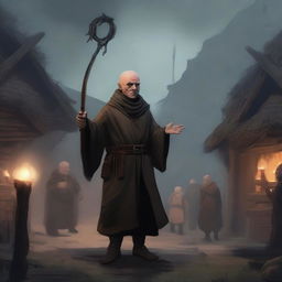 A male bald brunette halfling warlock in a peasant settlement, holding a large staff with an onyx, casting black magic