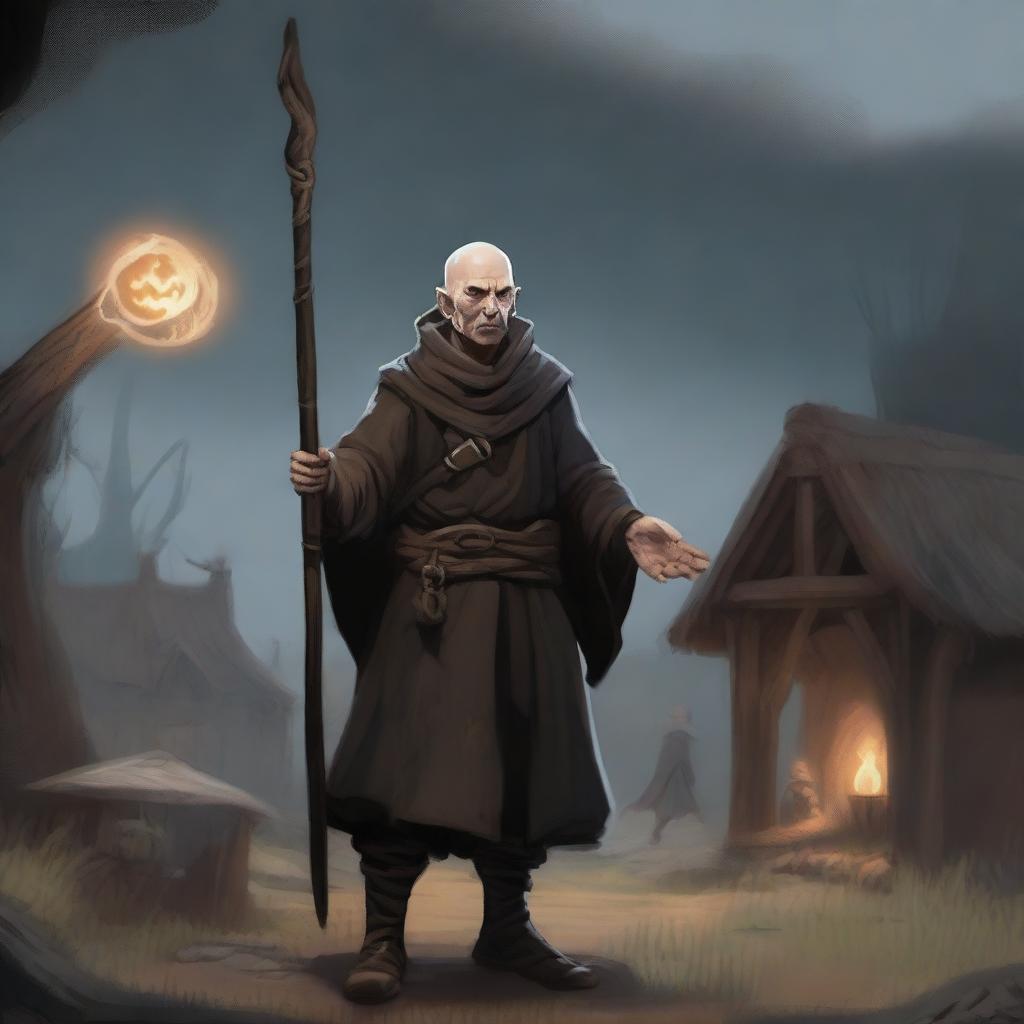 A male bald brunette halfling warlock in a peasant settlement, holding a large staff with an onyx, casting black magic