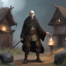 A male bald brunette halfling warlock in a peasant settlement, holding a large staff with an onyx, casting black magic