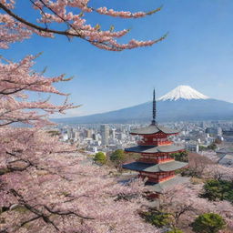 A panoramic view of a vibrant cityscape in Japan with traditional temples juxtaposed with modern skyscrapers, cherry blossom trees in full bloom, and Mount Fuji in the background.