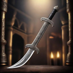 A highly detailed double-bladed scimitar with intricate engravings on the blade and a beautifully crafted hilt