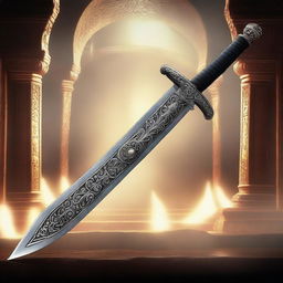 A highly detailed double-bladed scimitar with intricate engravings on the blade and a beautifully crafted hilt