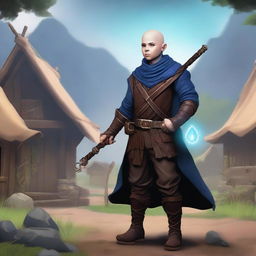 A male bald brunette halfling warlock wearing leather armor, standing in a peasant settlement