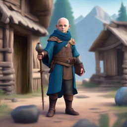 A male bald brunette halfling warlock wearing leather armor, standing in a peasant settlement