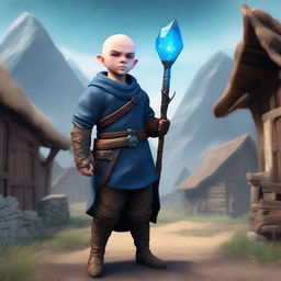 A male bald brunette halfling warlock wearing leather armor, standing in a peasant settlement