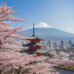 A panoramic view of a vibrant cityscape in Japan with traditional temples juxtaposed with modern skyscrapers, cherry blossom trees in full bloom, and Mount Fuji in the background.